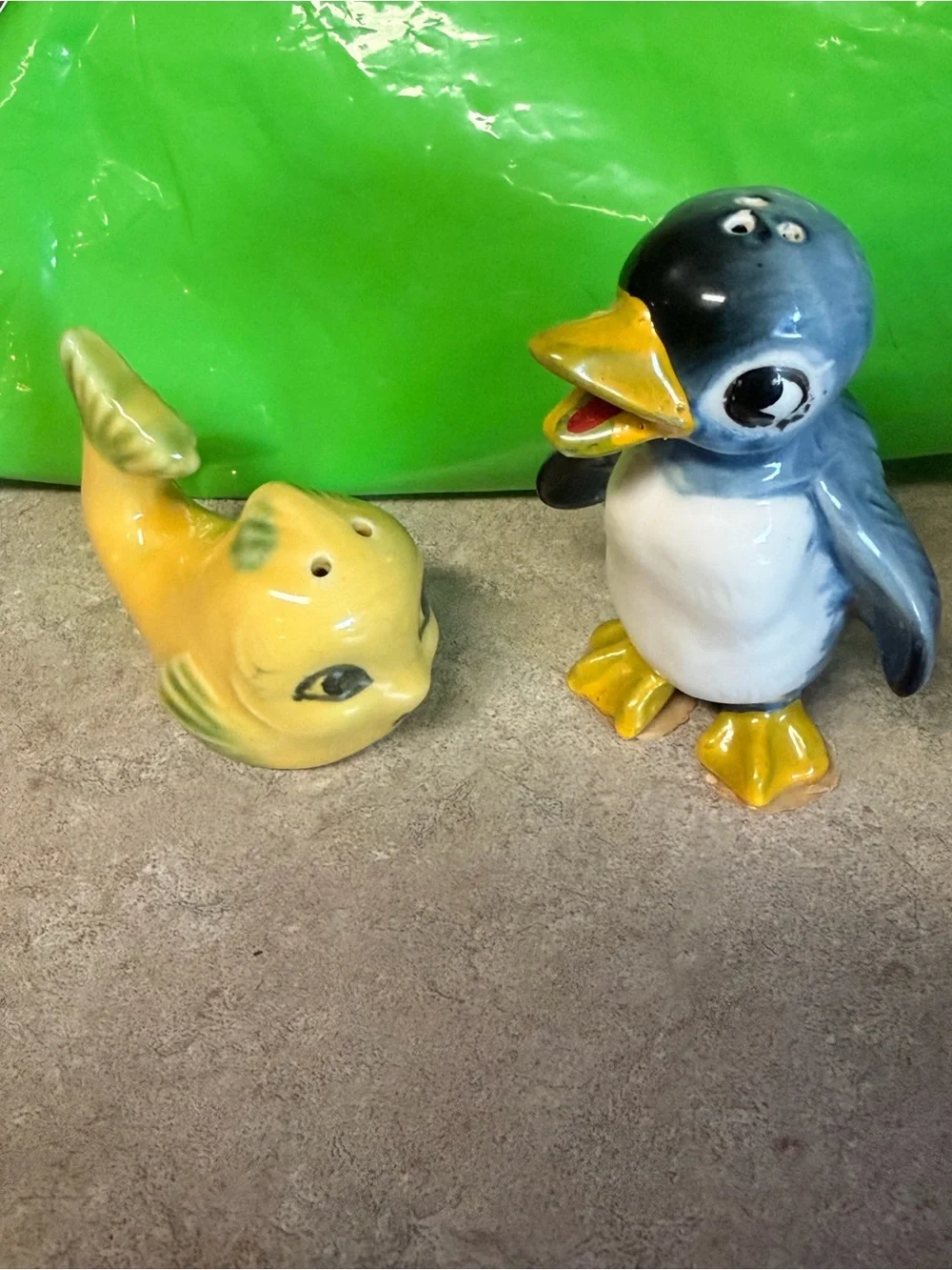 Vintage Penguin and Fish Salt & Pepper Shaker Set - Yellow & Blue